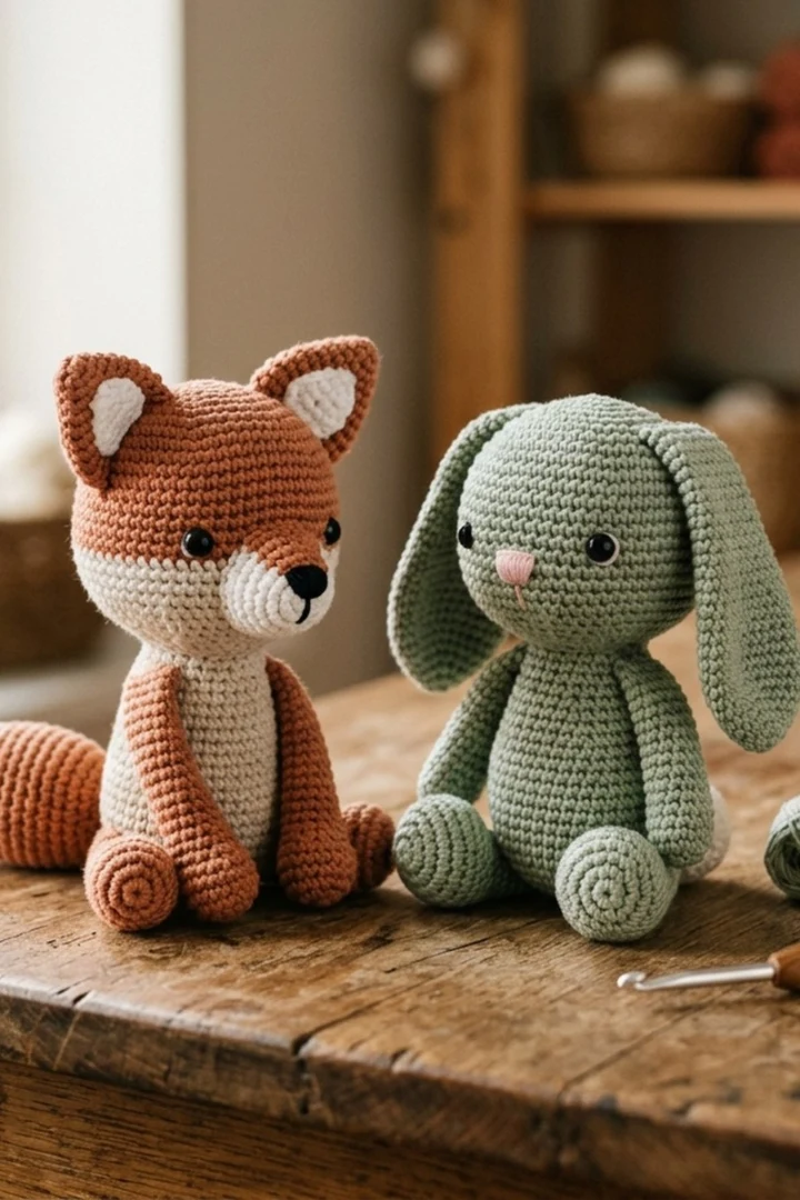 Crochet amigurumi fox and bunny toys on a wooden table