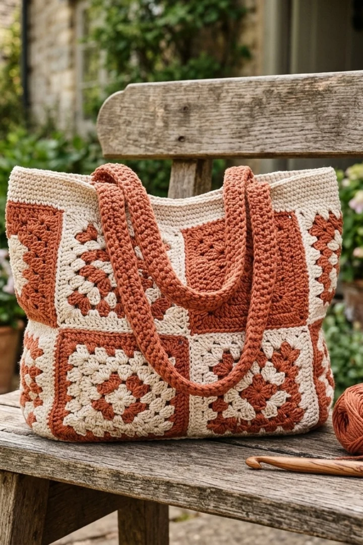 Granny square crochet tote bag in terracotta and cream
