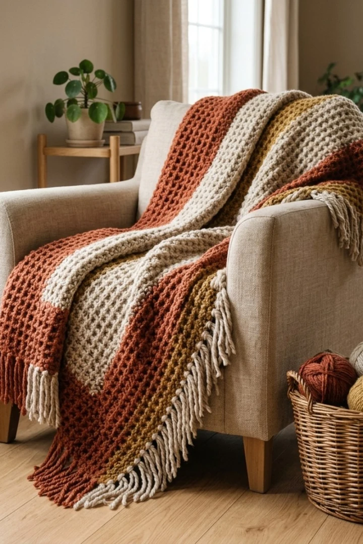 Chunky striped crochet throw blanket draped over an armchair