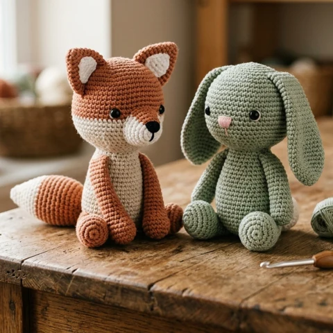 Crochet amigurumi fox and bunny toys on a wooden table