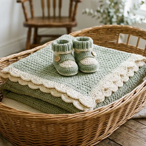 Sage crochet baby blanket and booties in a wicker basket