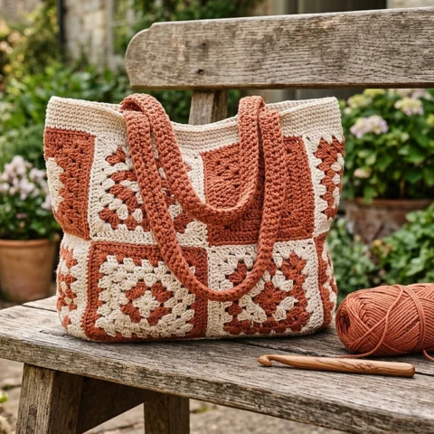 Granny square crochet tote bag in terracotta and cream