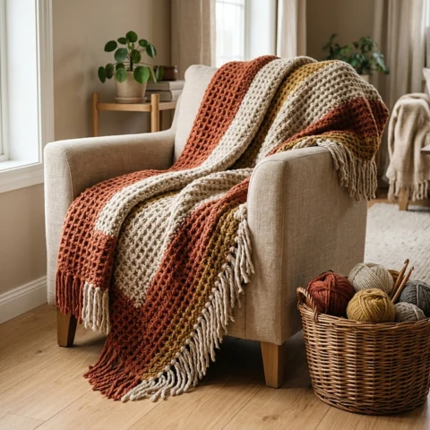 Chunky striped crochet throw blanket draped over an armchair