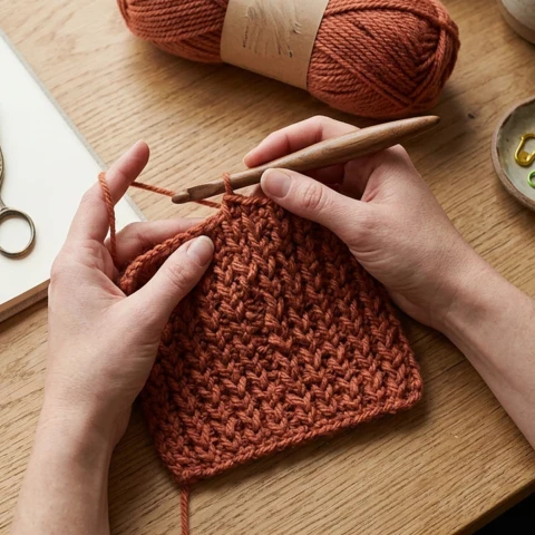 Hands crocheting a textured swatch with a wooden hook