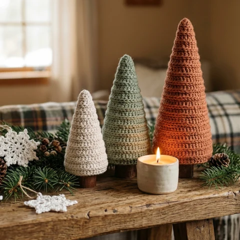 Crochet Christmas trees and lace snowflakes on a mantel