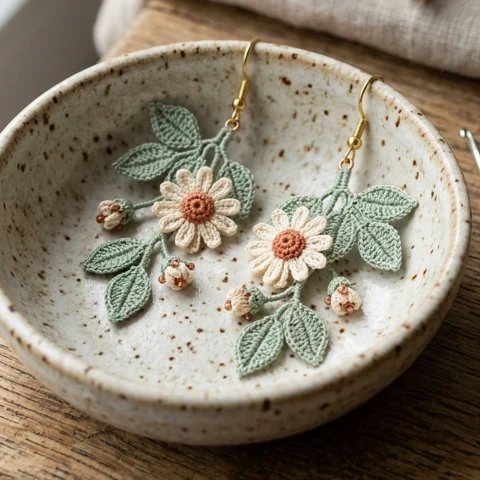 Crochet daisy and leaf earrings in a ceramic dish