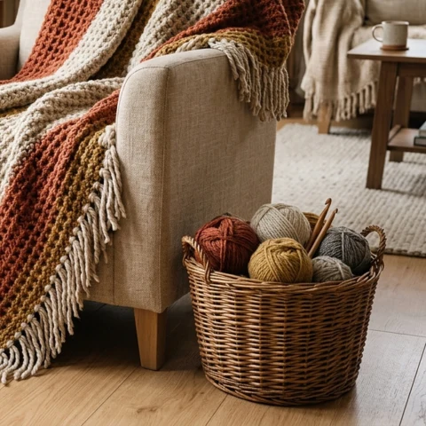 Wicker basket of yarn skeins beside a crochet throw