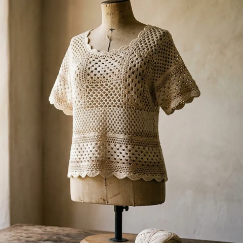 Lacy cotton crochet summer top on a dress form