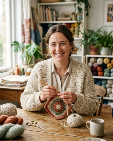 Clara Vance crocheting at her worktable