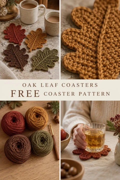 Fallen Oak Leaf Crochet Coaster Set Free Thanksgiving Pattern
