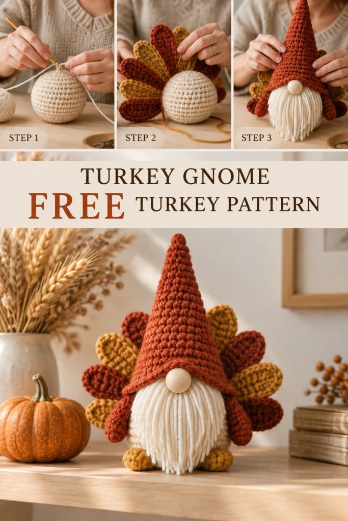 Plump Turkey Gnome Crochet Shelf Sitter Free Thanksgiving Pattern